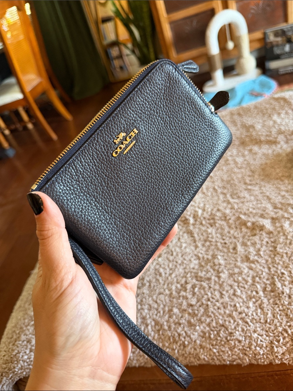 Coach Dark Navy Blue Pebbled Leather Corner Double Zip Wristlet
